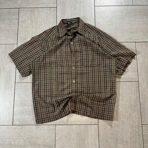 YAGO Mens Brown Plaid Short Sleeve Button Down Shirt 25x30